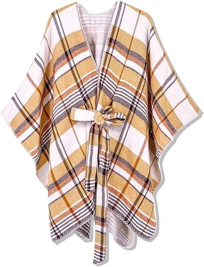 Red-Black Winter Chic Plaid Poncho Cardigan