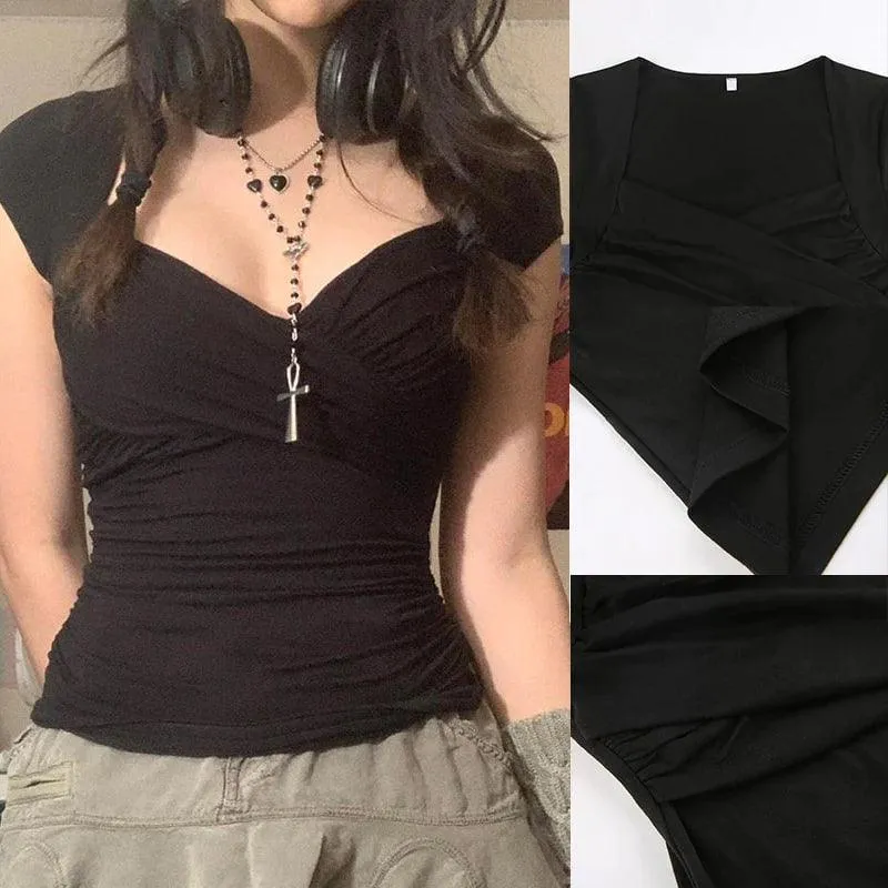 Retro Cross Folds Neck Body Shirt, Beautiful Short Sleeve Square T-Shirt For Women