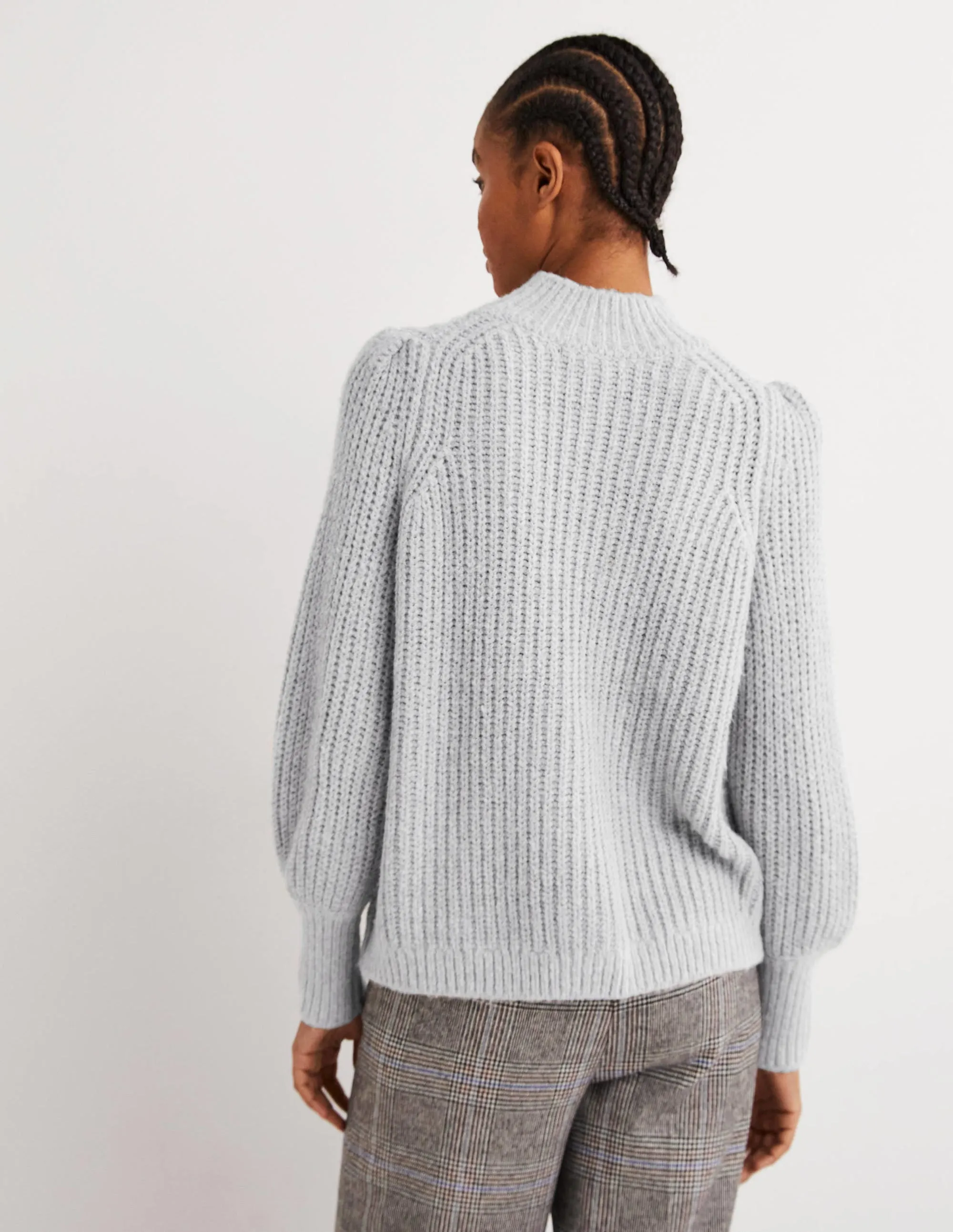 Ribbed Fluffy High Neck Jumper-Grey Melange