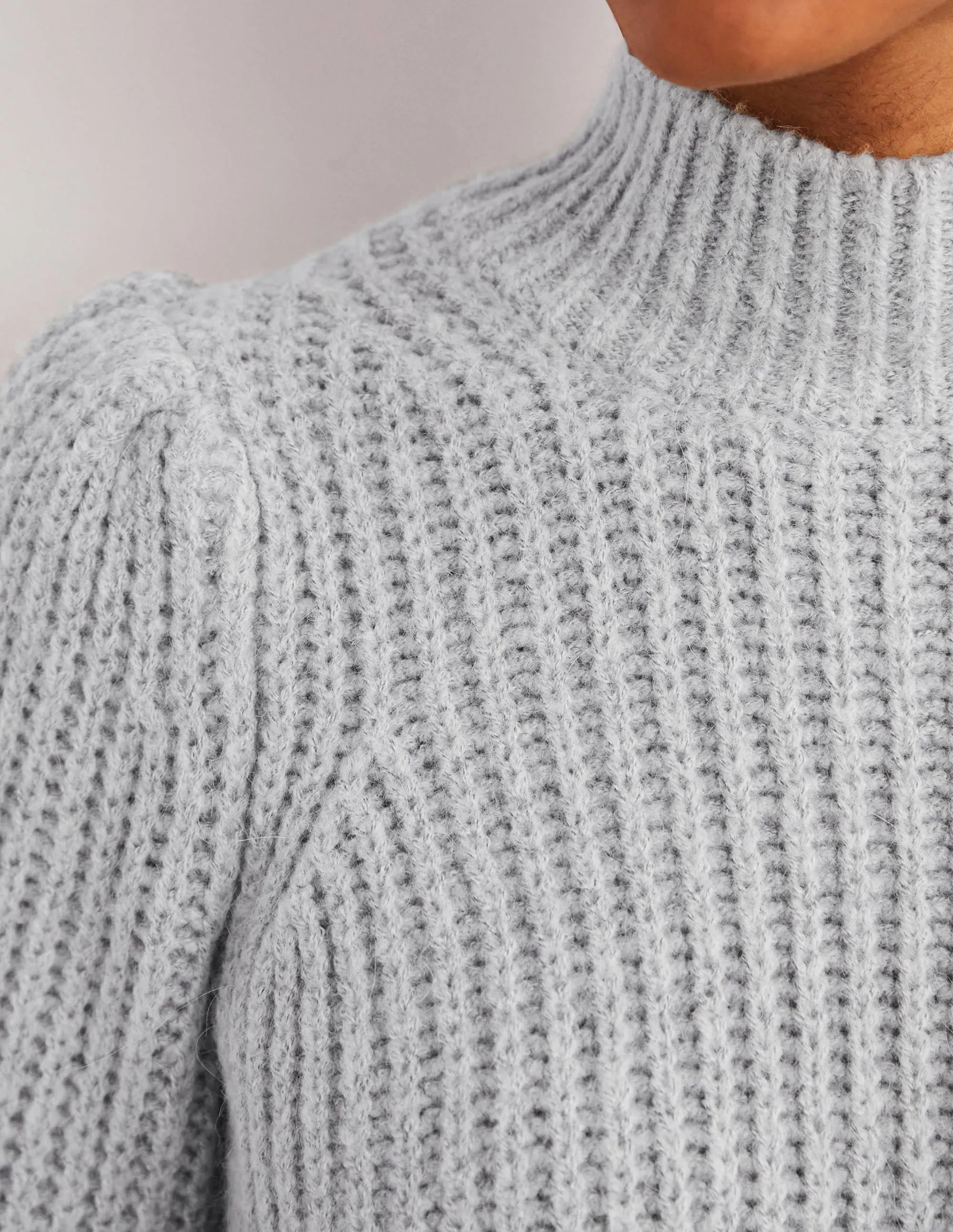 Ribbed Fluffy High Neck Jumper-Grey Melange