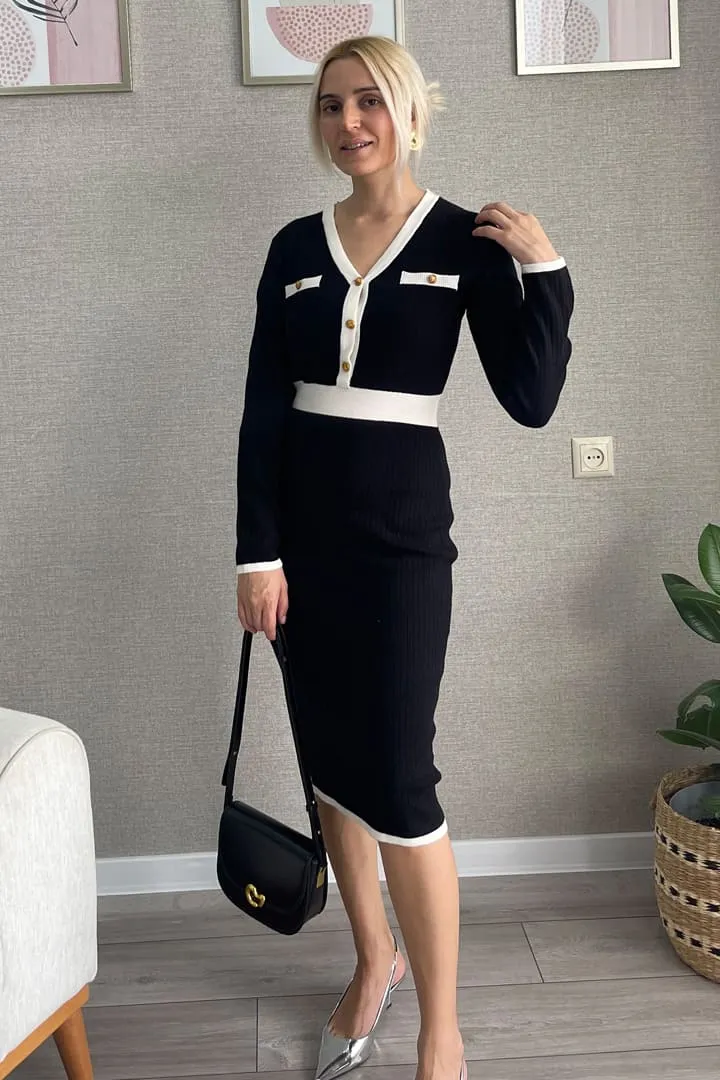 Ribbed Knit V Neck Button Long Sleeve Sweater  Midi Dresses