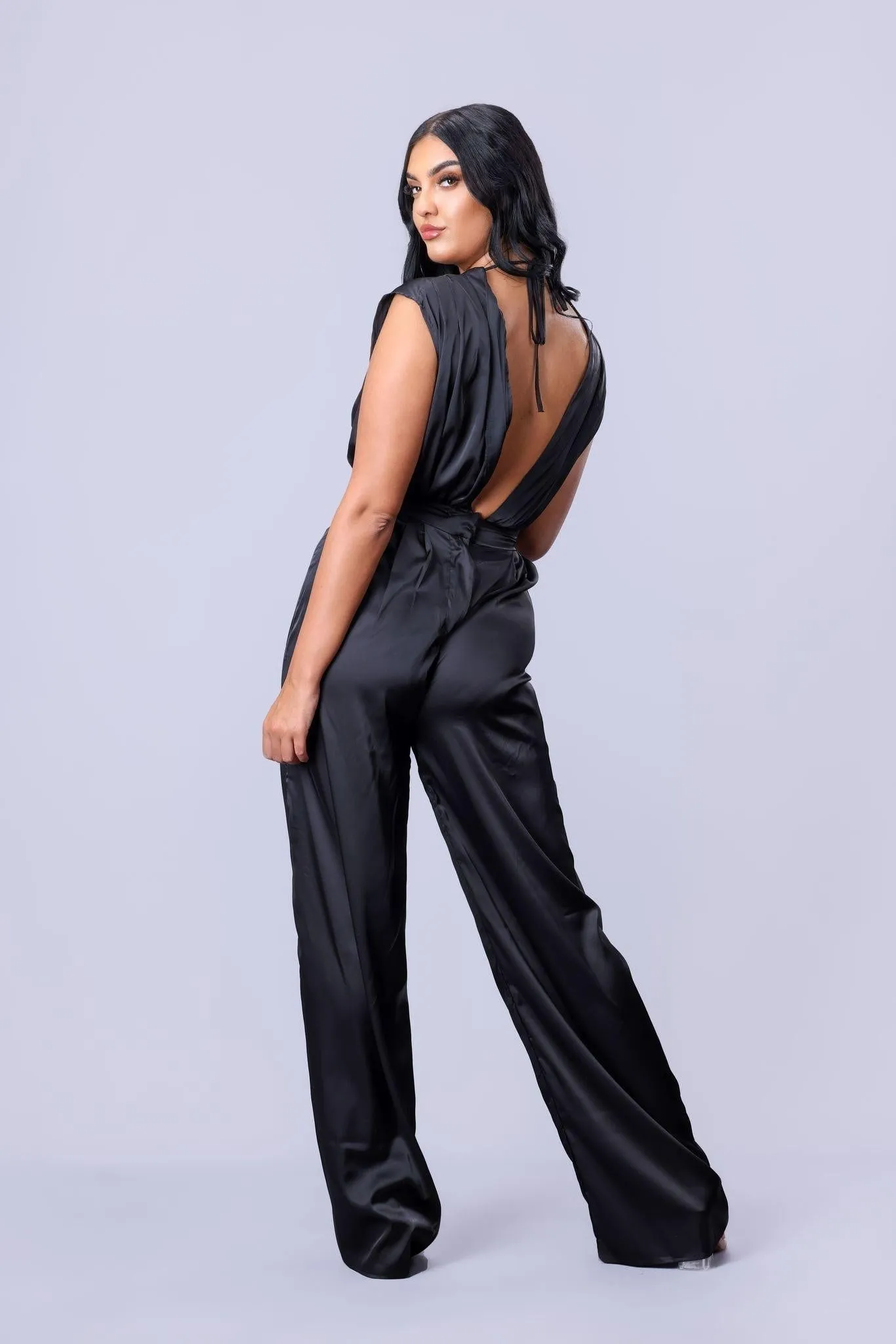 Satin Plunge Neck Jumpsuit in Black