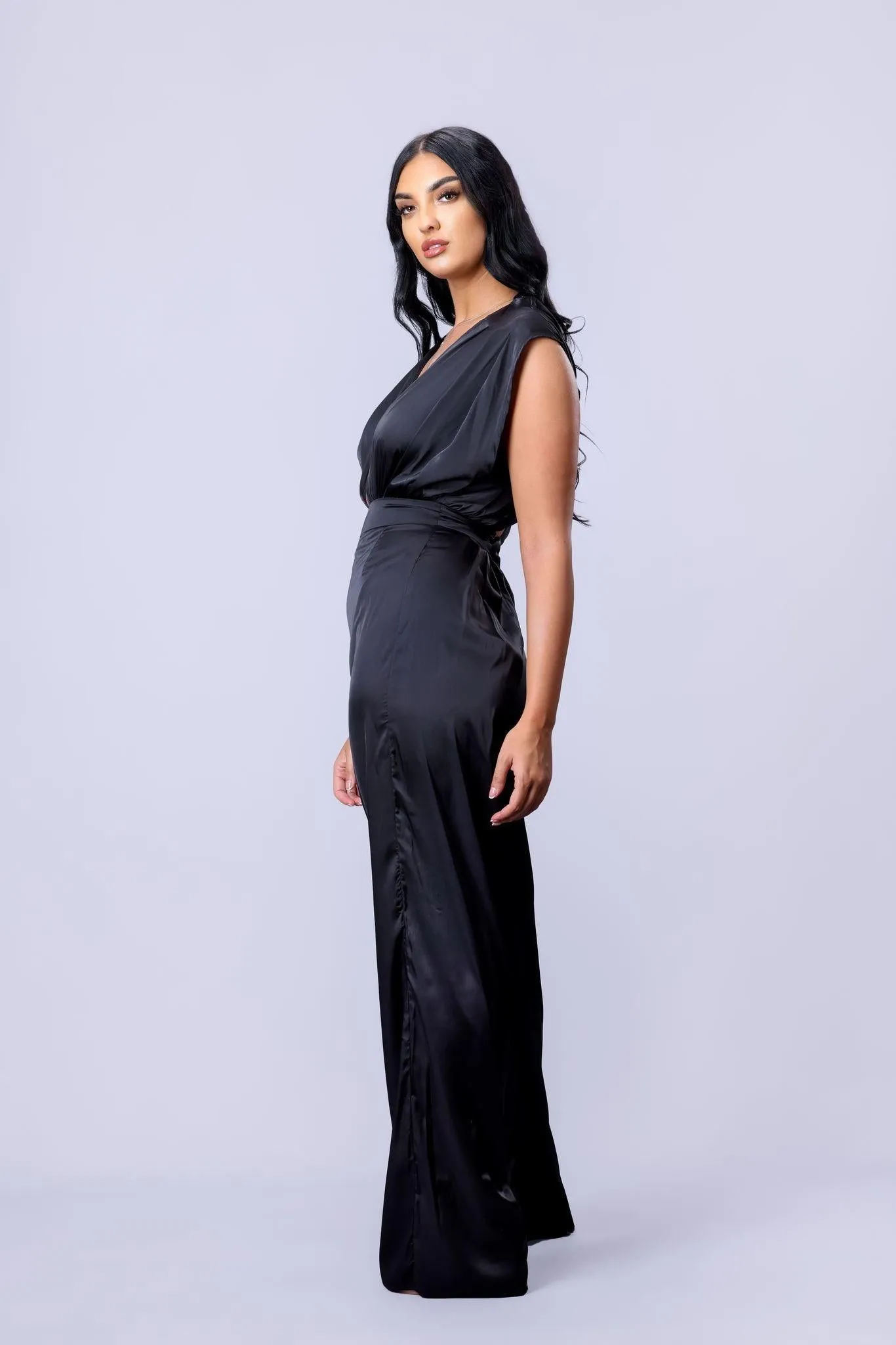 Satin Plunge Neck Jumpsuit in Black