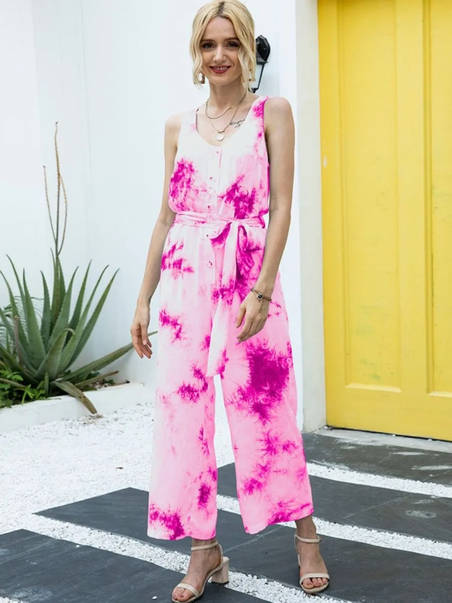 Sleeveless Tie Dye Jumpsuit with Tied Waist