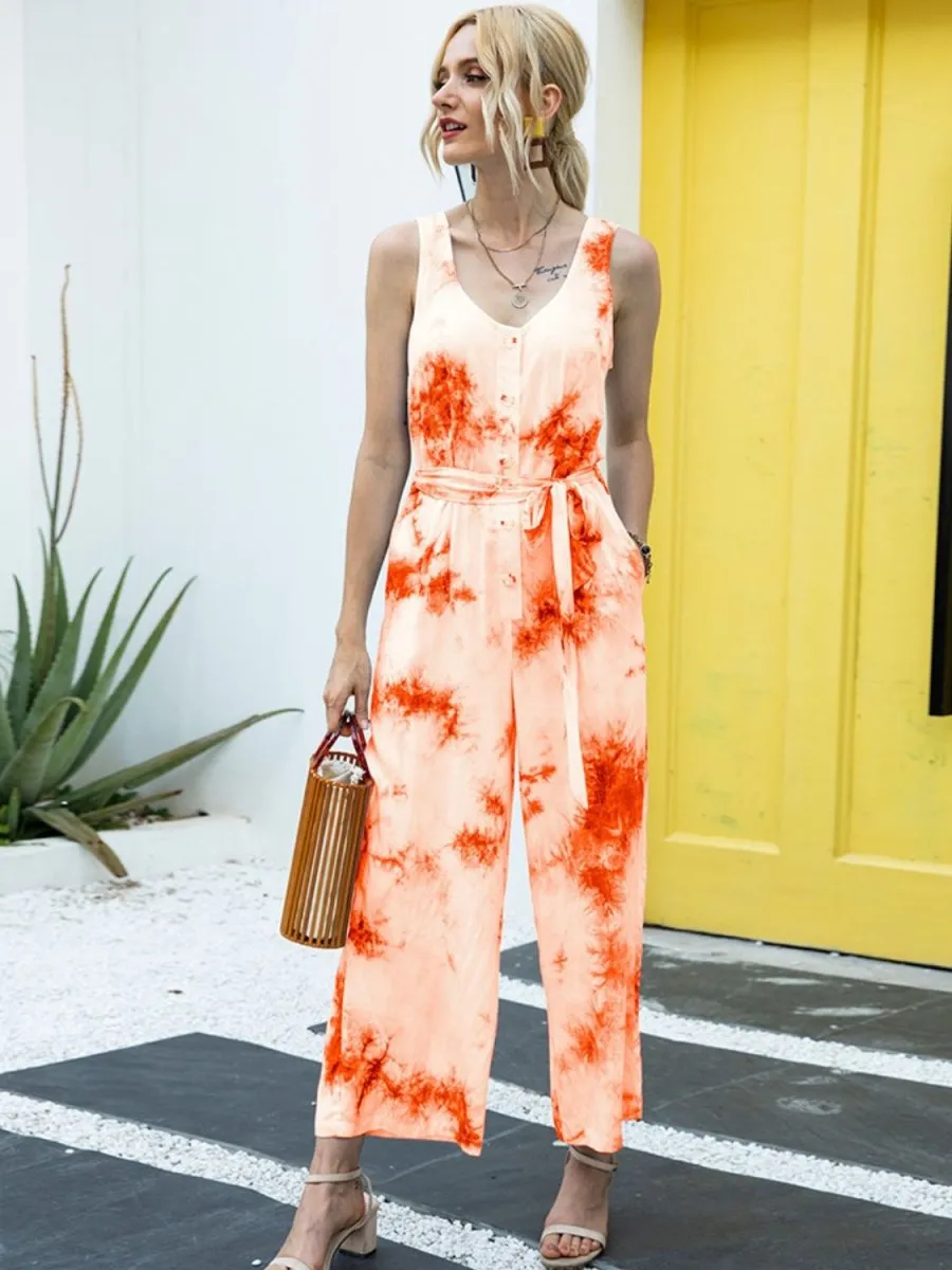 Sleeveless Tie Dye Jumpsuit with Tied Waist