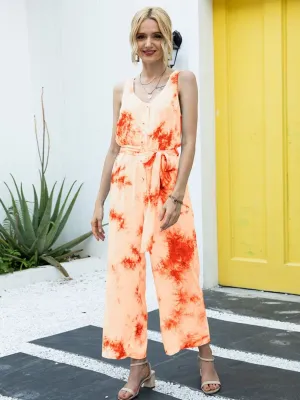 Sleeveless Tie Dye Jumpsuit with Tied Waist