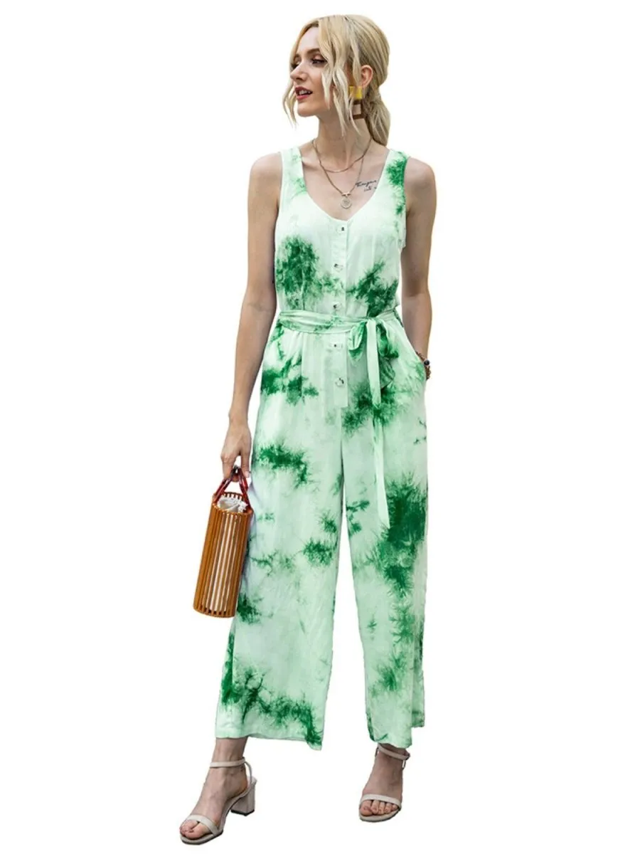 Sleeveless Tie Dye Jumpsuit with Tied Waist