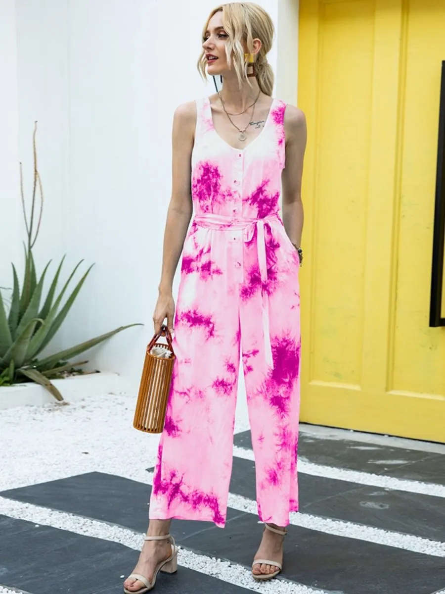 Sleeveless Tie Dye Jumpsuit with Tied Waist