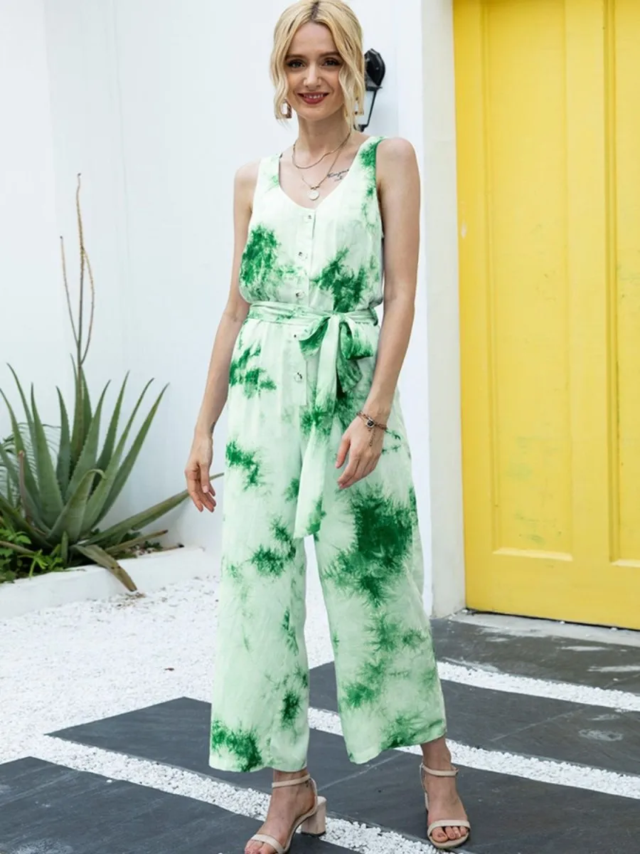 Sleeveless Tie Dye Jumpsuit with Tied Waist