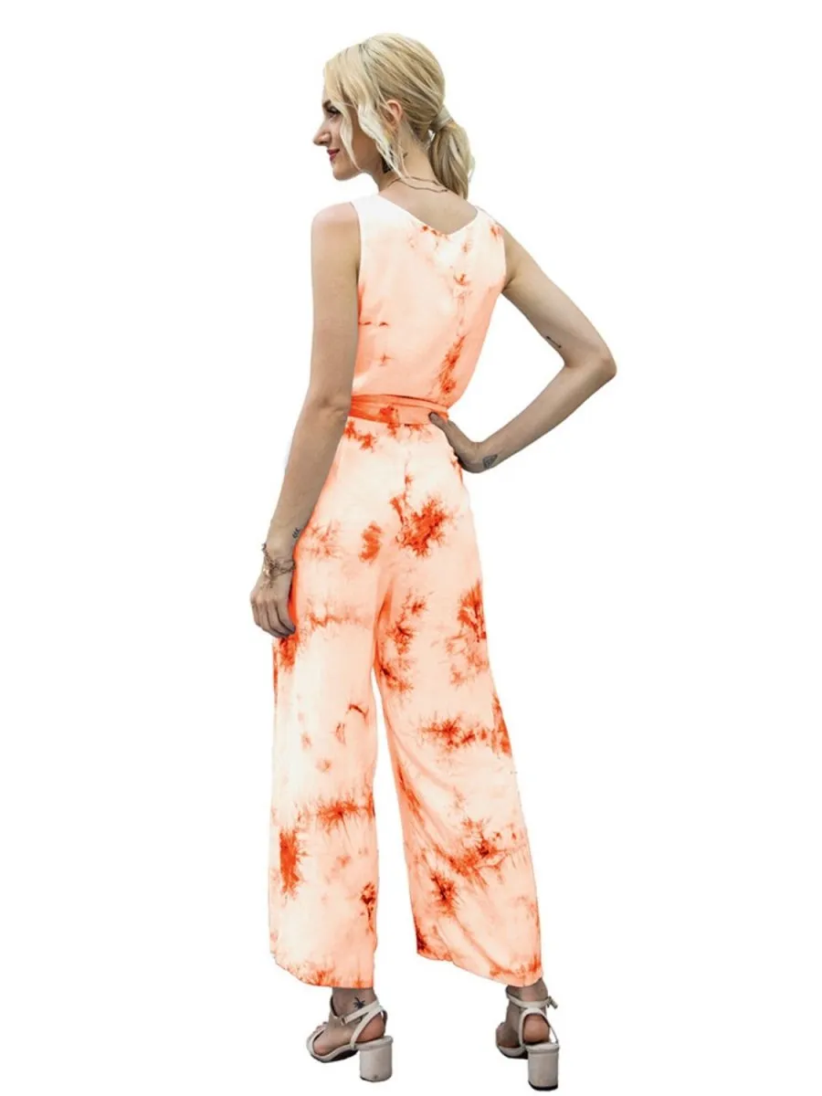 Sleeveless Tie Dye Jumpsuit with Tied Waist