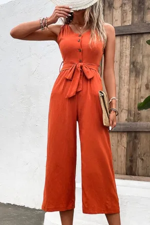 Summer Quench Button Front V Neck Tie Waist Jumpsuit