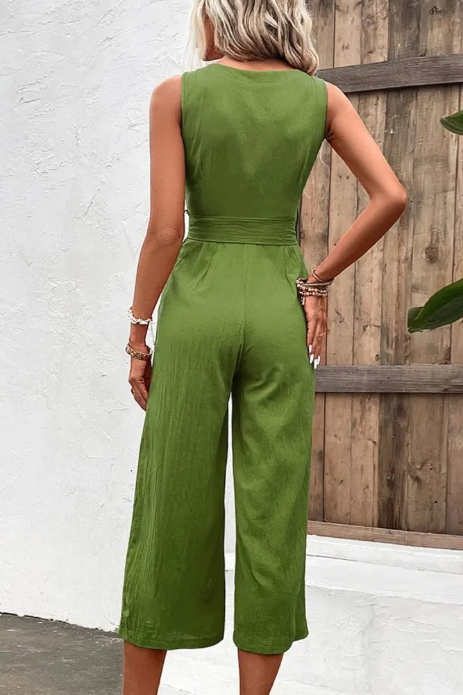 Summer Quench Button Front V Neck Tie Waist Jumpsuit