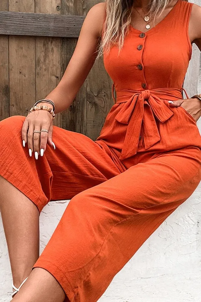 Summer Quench Button Front V Neck Tie Waist Jumpsuit