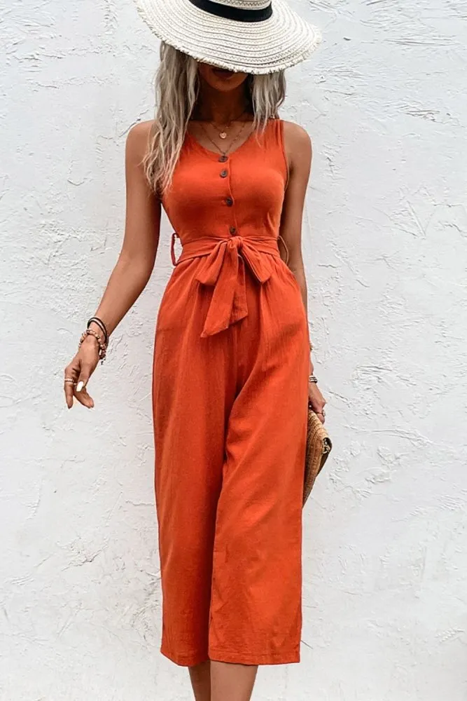 Summer Quench Button Front V Neck Tie Waist Jumpsuit