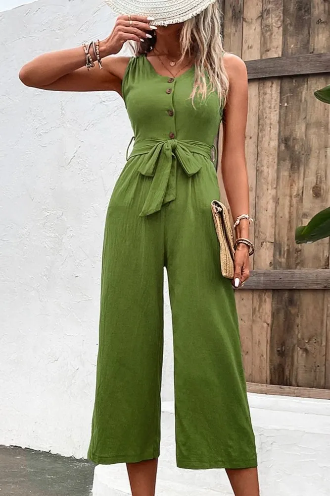 Summer Quench Button Front V Neck Tie Waist Jumpsuit