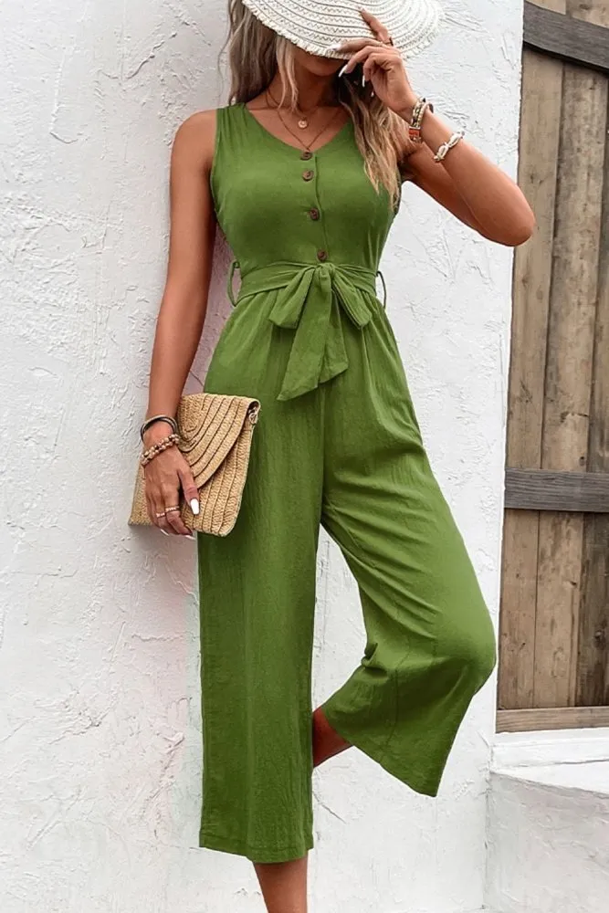 Summer Quench Button Front V Neck Tie Waist Jumpsuit