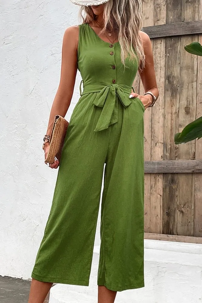 Summer Quench Button Front V Neck Tie Waist Jumpsuit