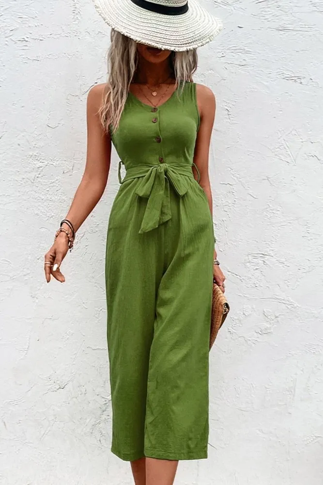 Summer Quench Button Front V Neck Tie Waist Jumpsuit