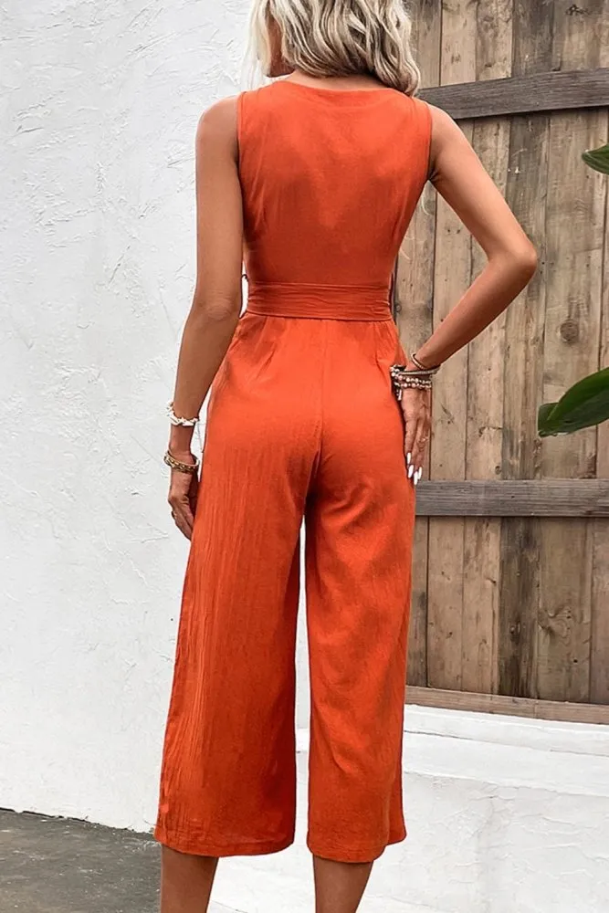 Summer Quench Button Front V Neck Tie Waist Jumpsuit