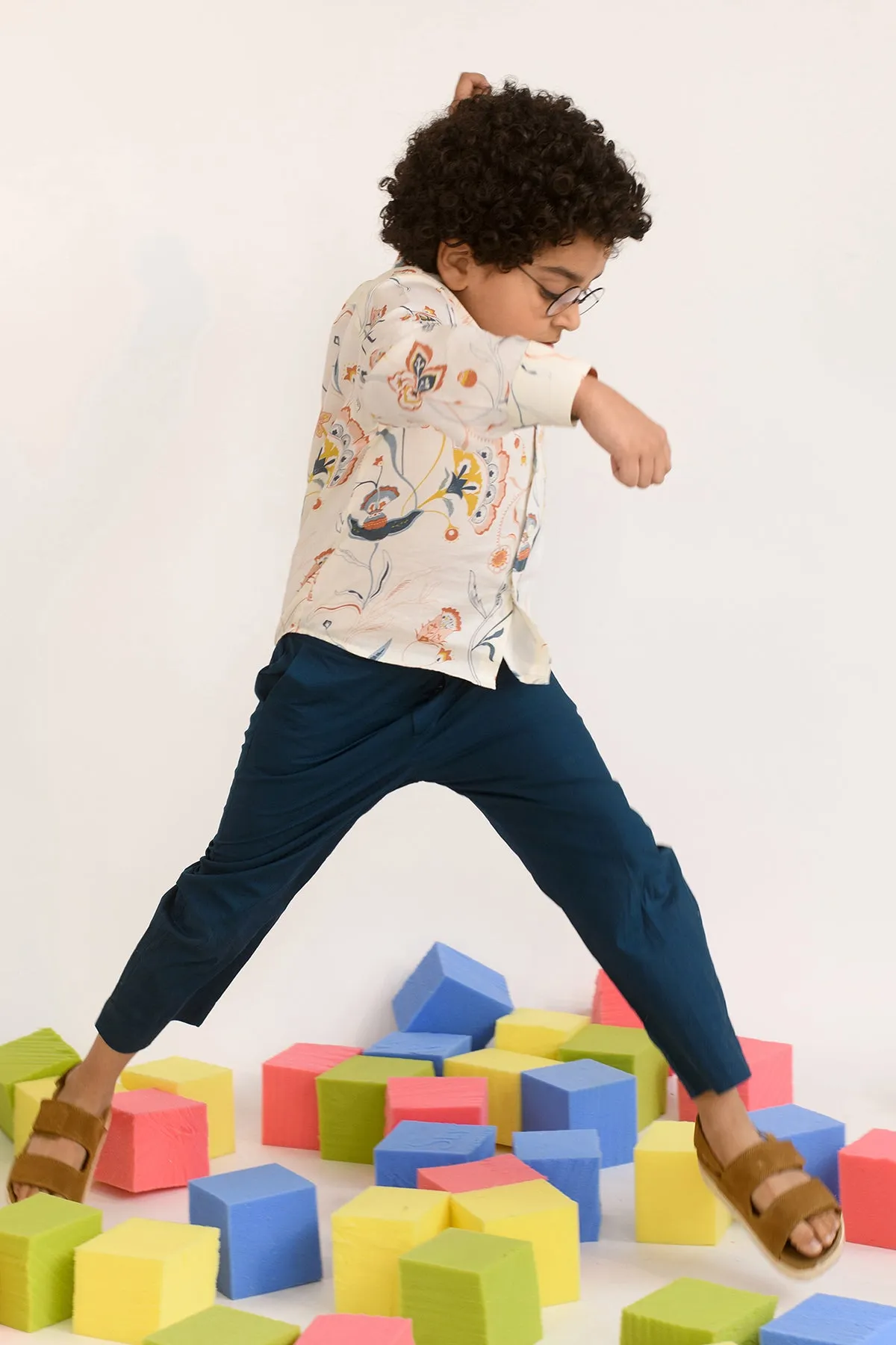 Swinging Willow- Floral Print Cotton Satin Shirt For Boys