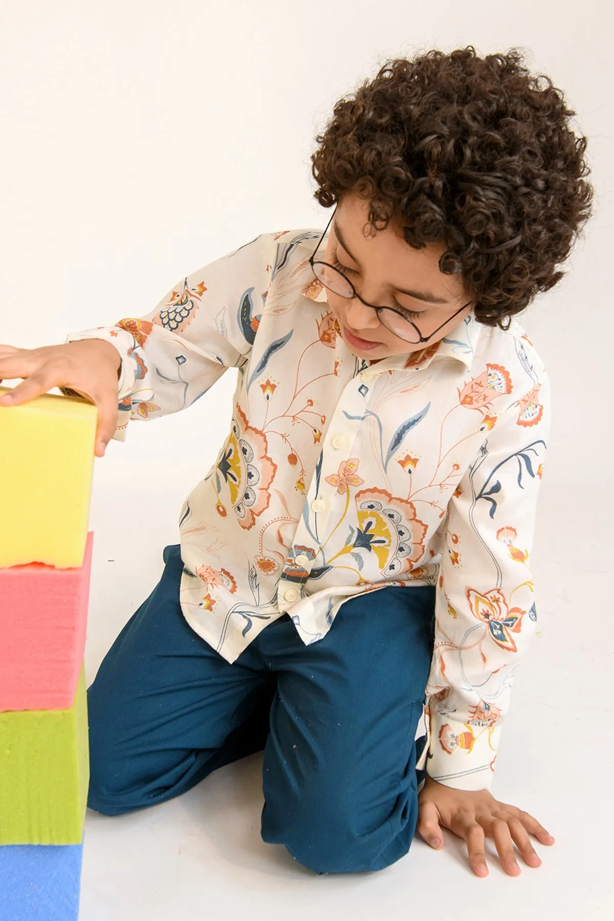 Swinging Willow- Floral Print Cotton Satin Shirt For Boys