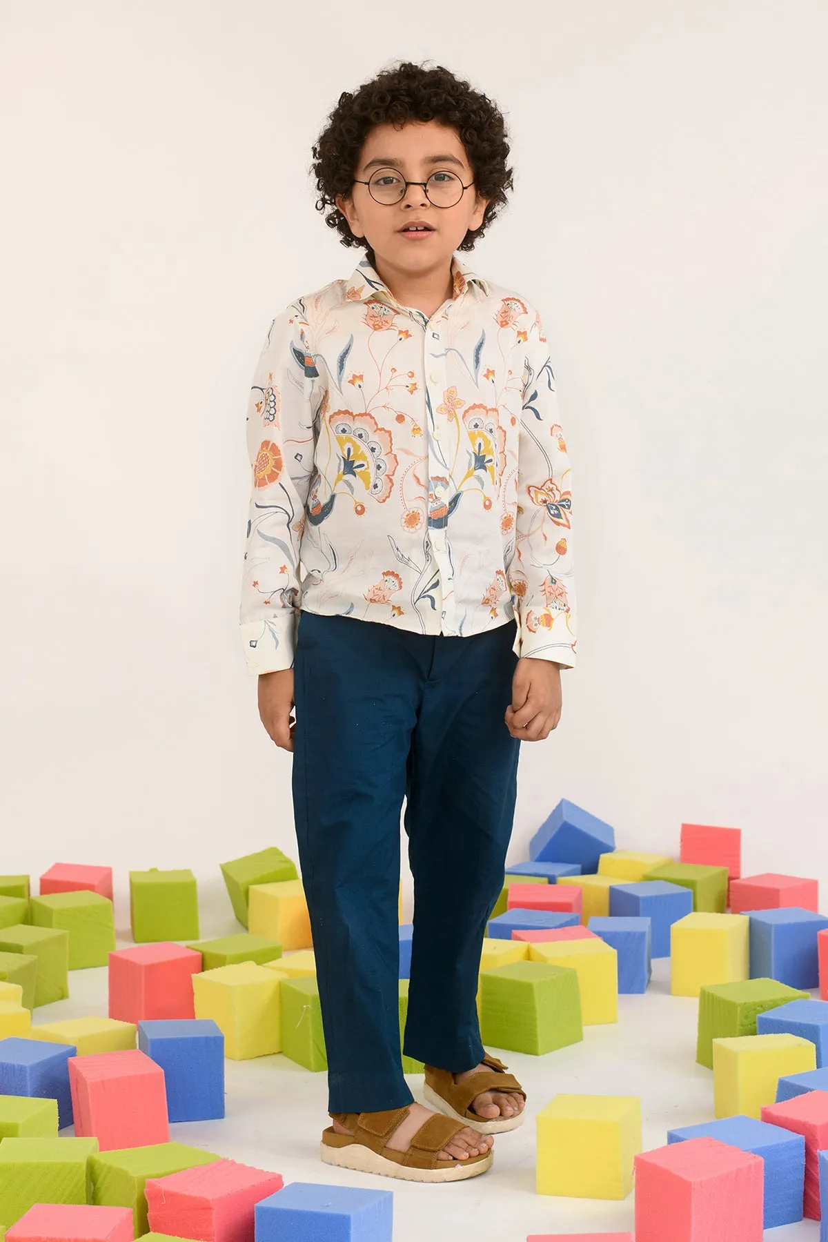 Swinging Willow- Floral Print Cotton Satin Shirt For Boys