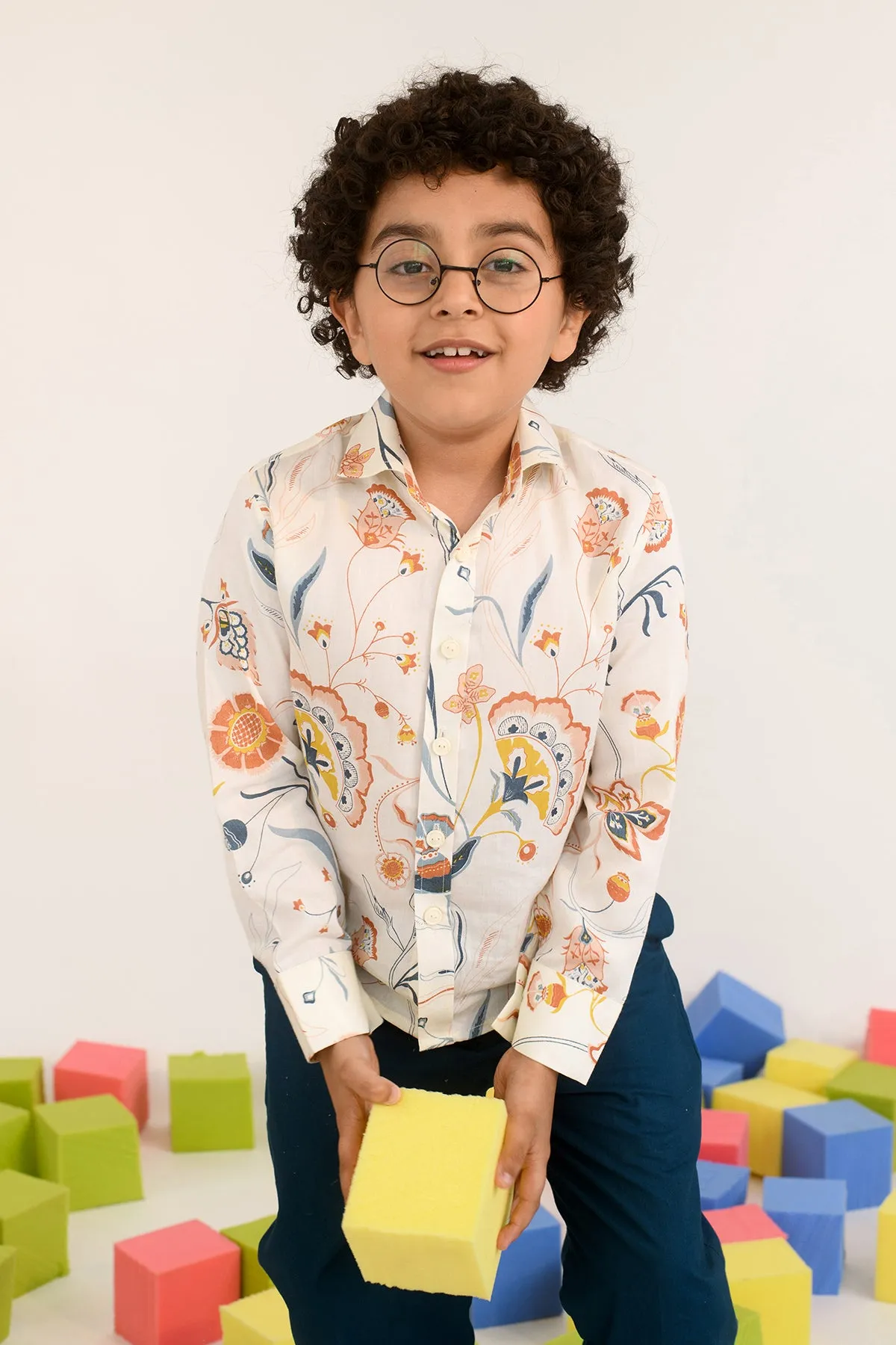 Swinging Willow- Floral Print Cotton Satin Shirt For Boys