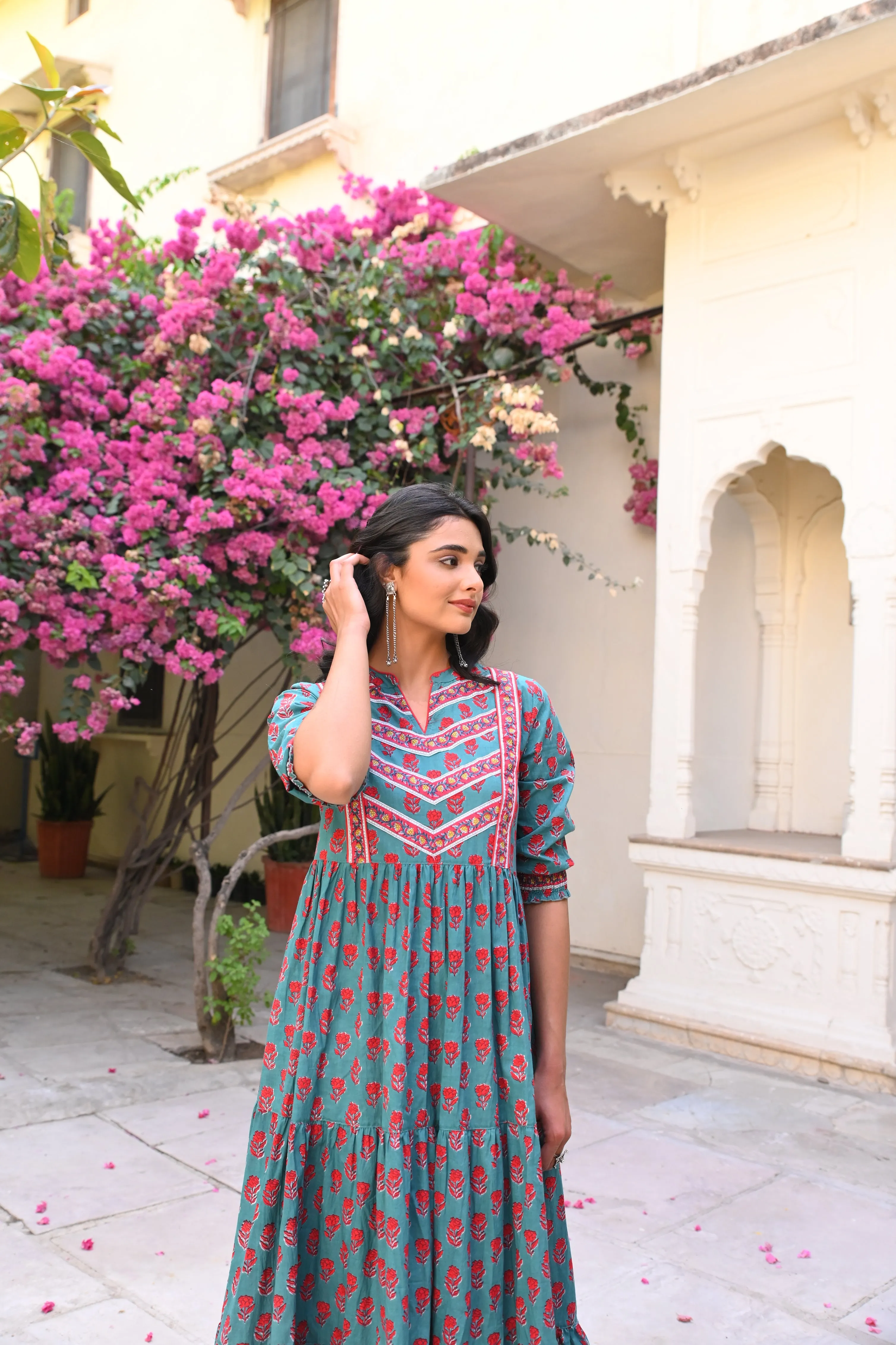 Teal Green Floral Printed Cotton Ethnic Tier Dress