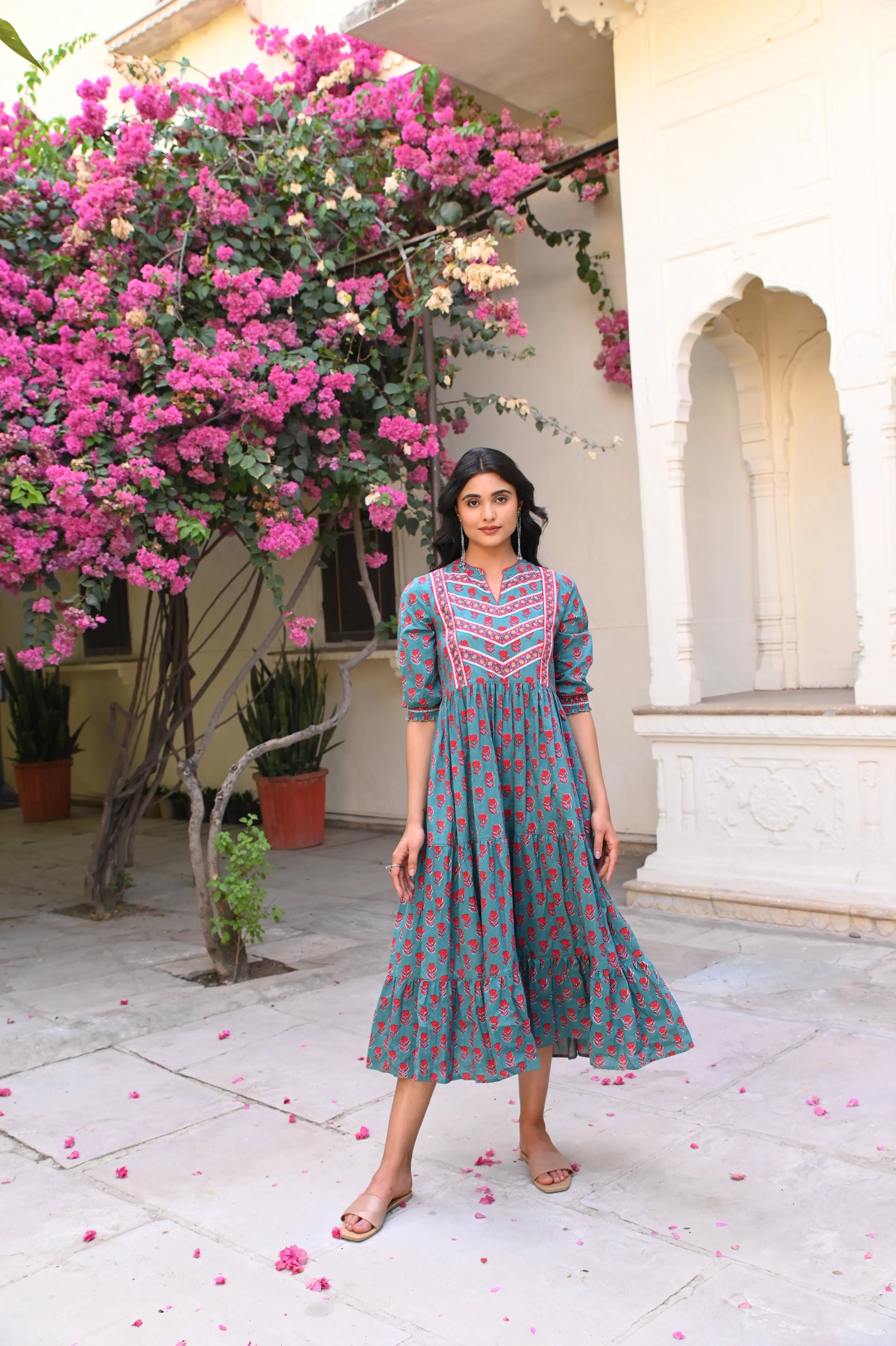 Teal Green Floral Printed Cotton Ethnic Tier Dress