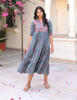 Teal Green Floral Printed Cotton Ethnic Tier Dress