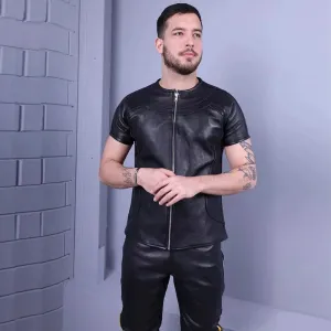 Trend4us Men's Zippered Black Leather Short Sleeve Shirt