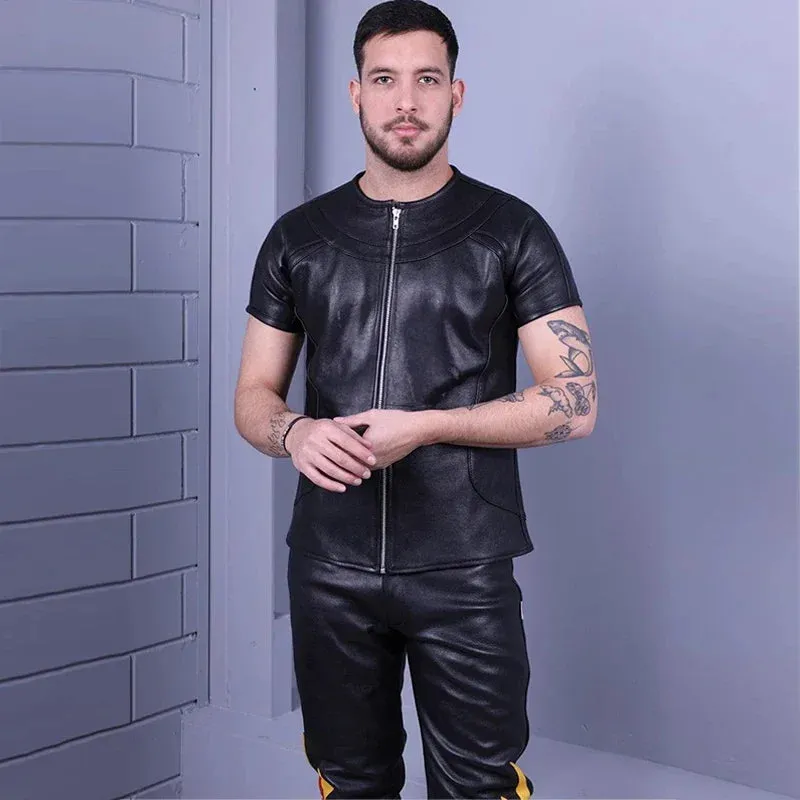 Trend4us Men's Zippered Black Leather Short Sleeve Shirt