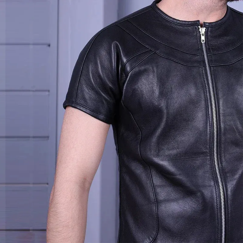 Trend4us Men's Zippered Black Leather Short Sleeve Shirt