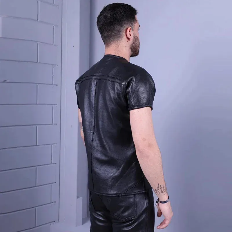Trend4us Men's Zippered Black Leather Short Sleeve Shirt