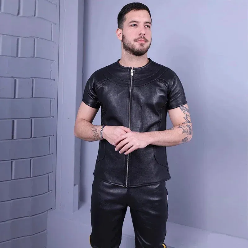 Trend4us Men's Zippered Black Leather Short Sleeve Shirt