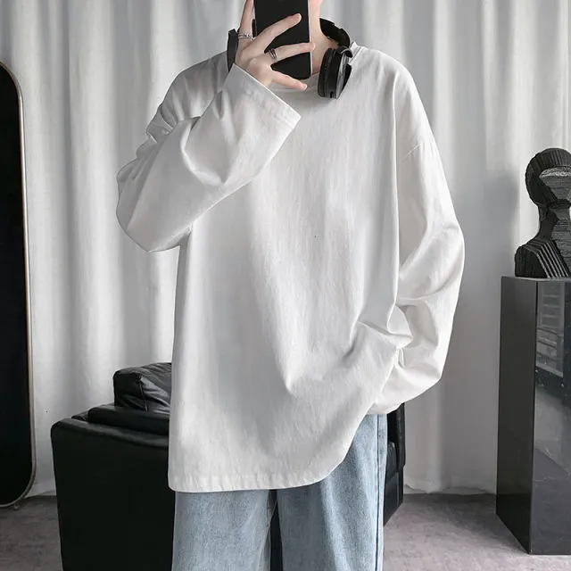 Voguable Spring Men's T-Shirt Solid Color Basic T shirt Round Neck Long Sleeve Tshirts Korean Couple Women Man Casual Tees