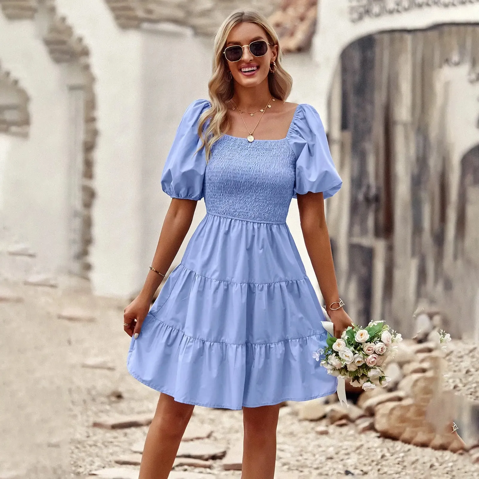 White Square Neck Dress