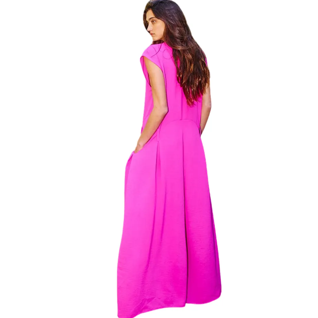 Wide Leg Solid Woven Jumpsuit: Fuchsia