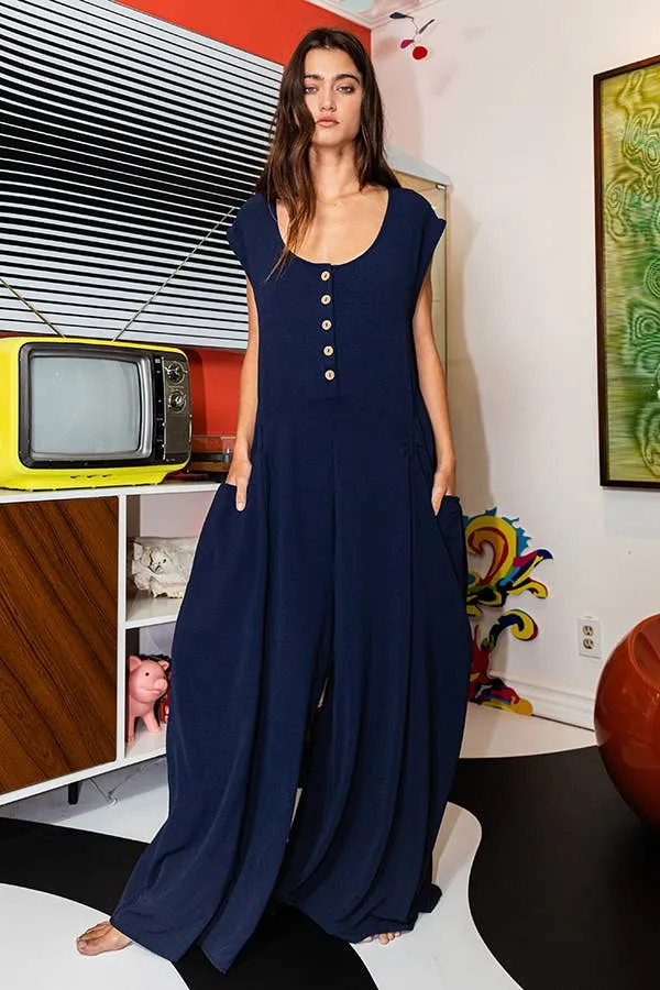 Wide Leg Solid Woven Jumpsuit: Fuchsia