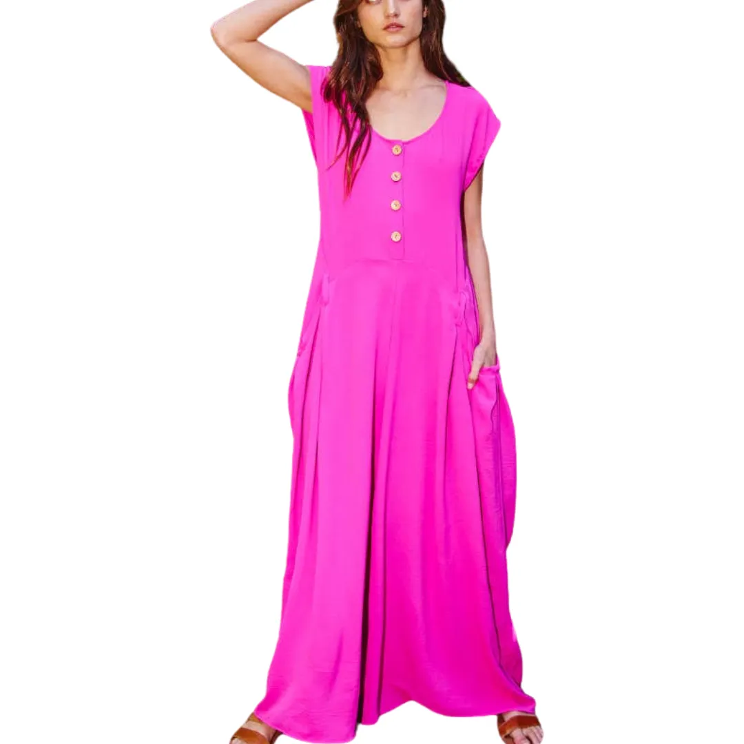Wide Leg Solid Woven Jumpsuit: Fuchsia