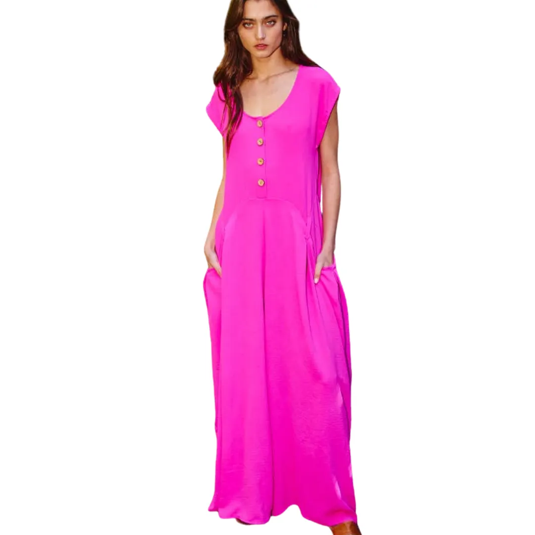 Wide Leg Solid Woven Jumpsuit: Fuchsia