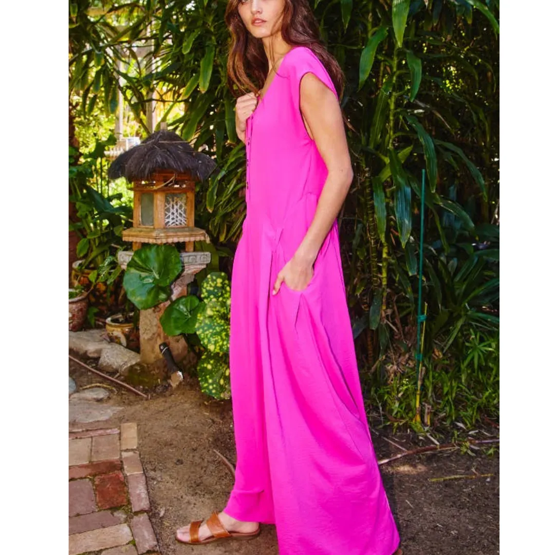 Wide Leg Solid Woven Jumpsuit: Fuchsia