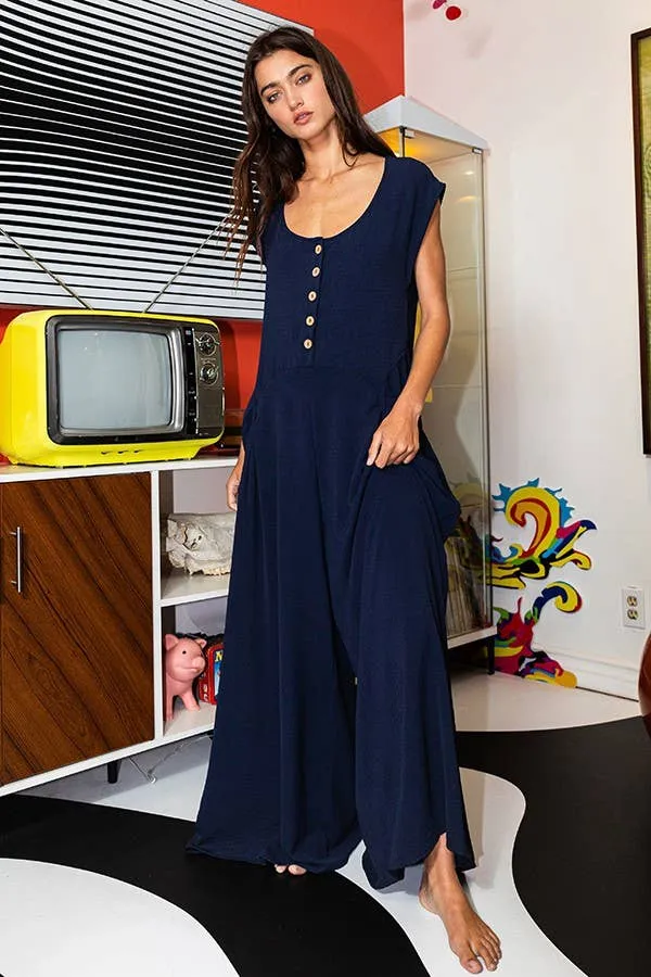 Wide Leg Solid Woven Jumpsuit: Fuchsia