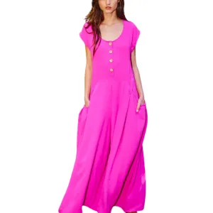Wide Leg Solid Woven Jumpsuit: Fuchsia