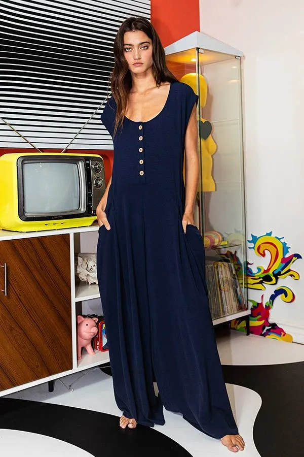 Wide Leg Solid Woven Jumpsuit: Fuchsia