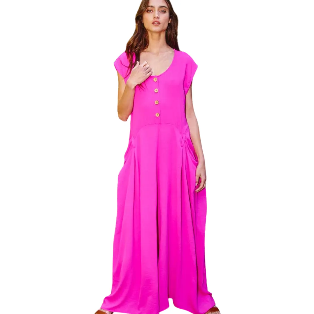 Wide Leg Solid Woven Jumpsuit: Fuchsia