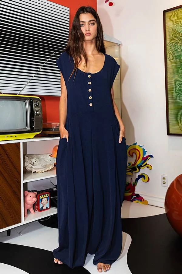 Wide Leg Solid Woven Jumpsuit: Fuchsia