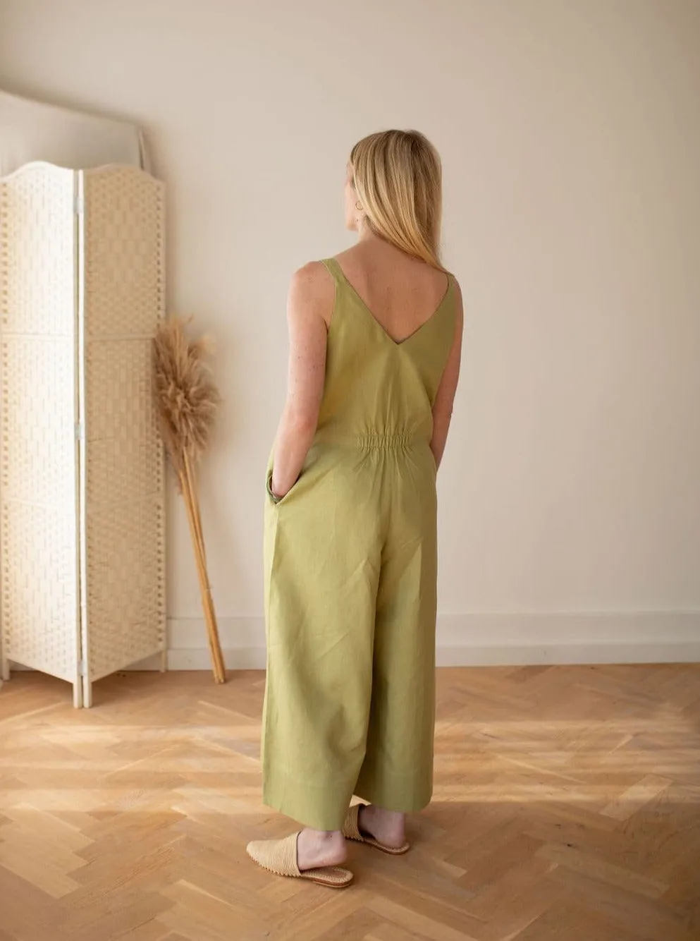 Wild Clouds X Gather&See Pear Green Linen Culotte Jumpsuit
