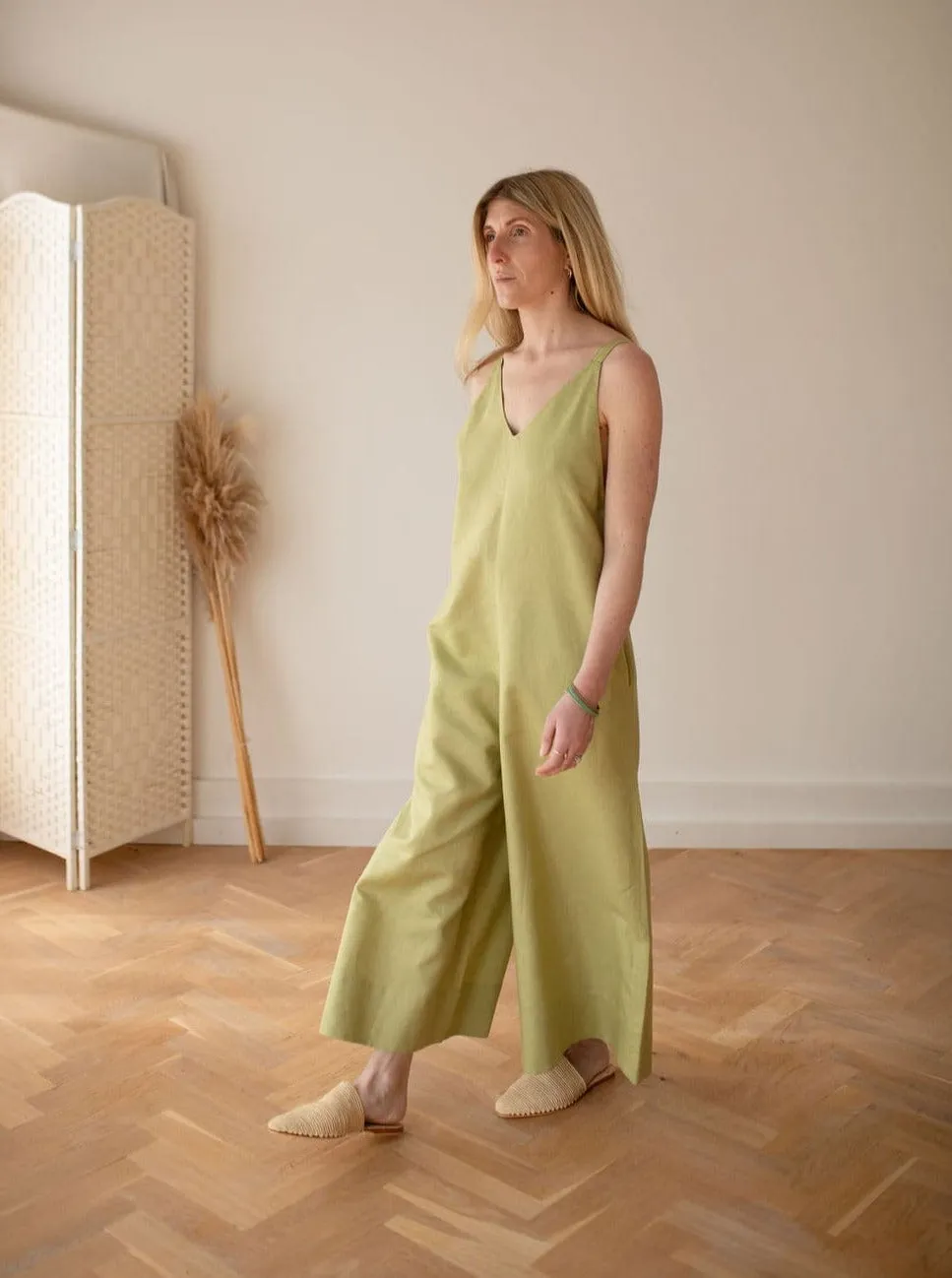 Wild Clouds X Gather&See Pear Green Linen Culotte Jumpsuit