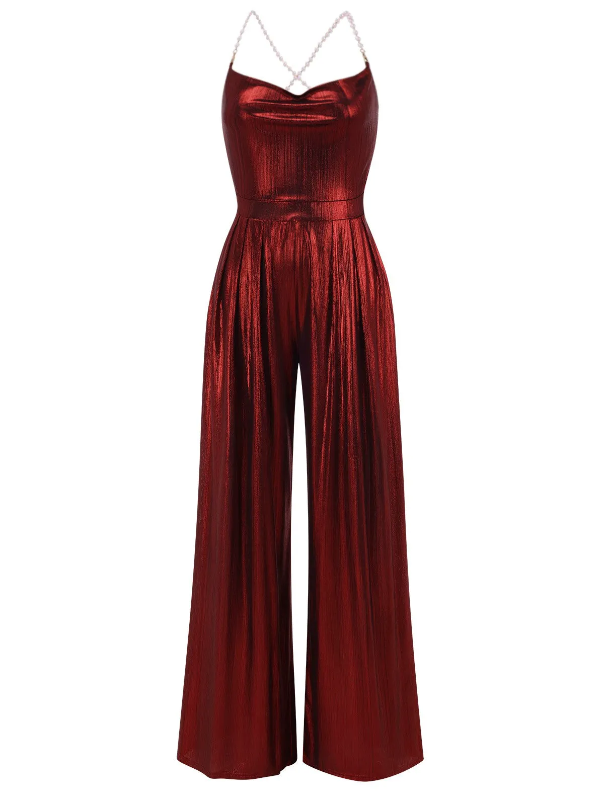Wine Red 1970s Solid Metallic Strap Jumpsuit